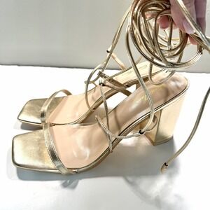 Women's Gold Block Heel Ankle Tie 9.5‎ Wrap Around Style Prom Formal Dance